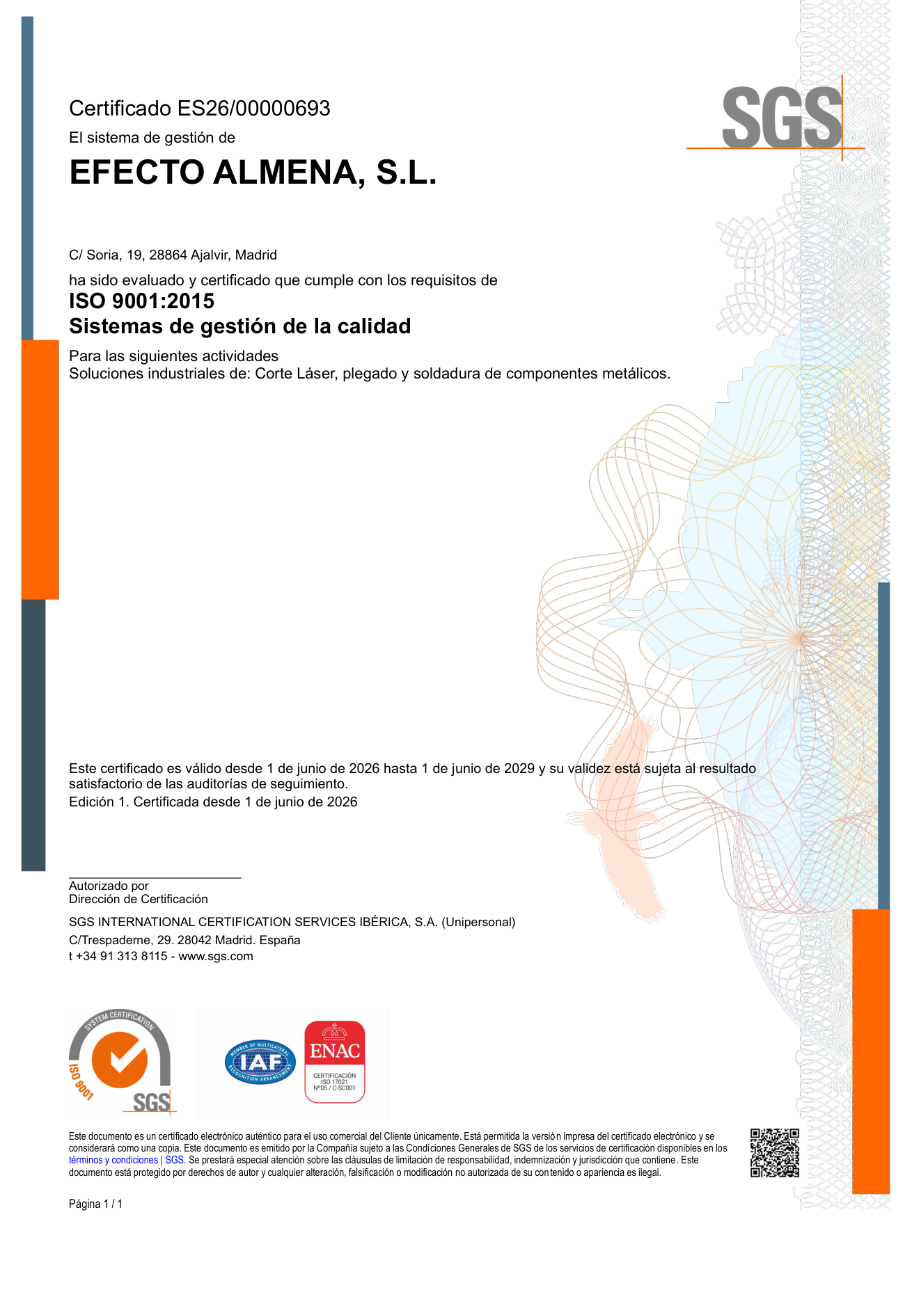 Certificado ISO 9001:2015 de Efecto Almena emitido por SGS